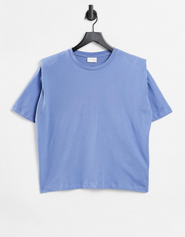 Vila Boxy Short Sleeve T-shirt With Shoulder Pad Detail In Blue-blues