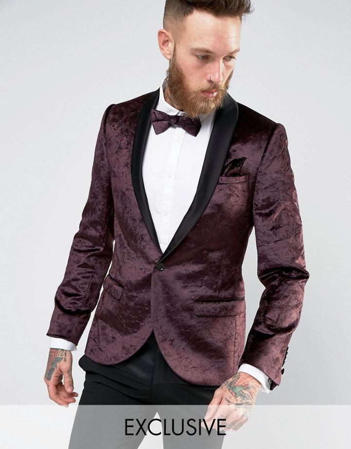 Noose & Monkey Super Skinny Tuxedo Blazer In Crushed Velvet - Purple