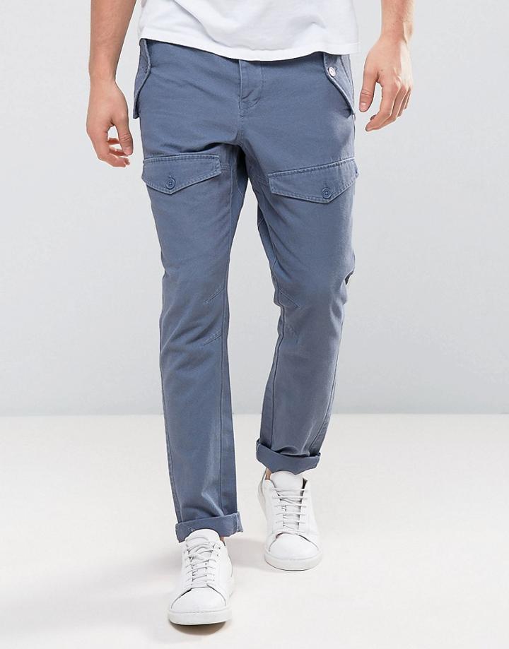 Asos Tapered Worker Pants With Front Pockets In Blue - Blue