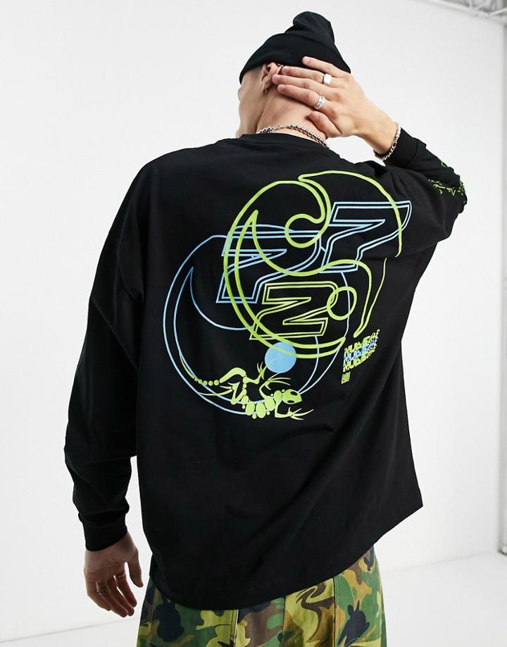 Asos Design Oversized Long Sleeve T-shirt In Black With Graphic Back And Sleeve Print