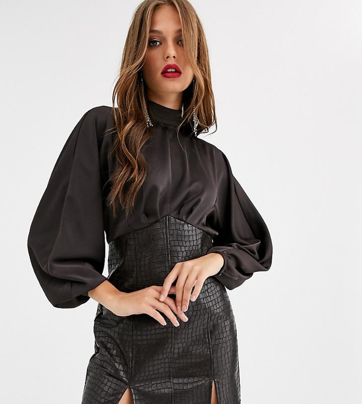 Asos Design Midi Pencil Dress In Croc Pu And High Neck Satin Top