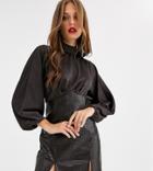 Asos Design Midi Pencil Dress In Croc Pu And High Neck Satin Top