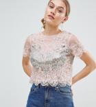 Asos Design Petite T-shirt With All Over Sequins & Pretty Lace Detail In Pink - Pink