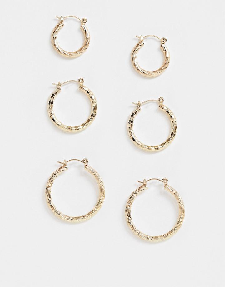 Asos Design Pack Of 3 Twist Hoop Earrings In Gold Tone