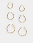 Asos Design Pack Of 3 Twist Hoop Earrings In Gold Tone