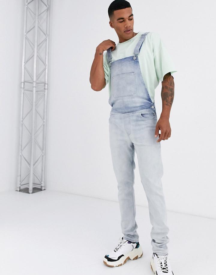 Asos Design Skinny Denim Overalls In Light Blue Wash