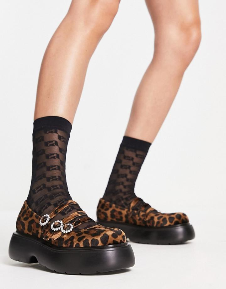 Asos Design Missy Chunky Mary Jane Shoes With Diamante Buckles In Leopard-multi