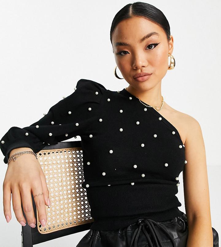 New Look Petite One Shoulder Puff Sleeve Sweater With Pearl Detail In Black