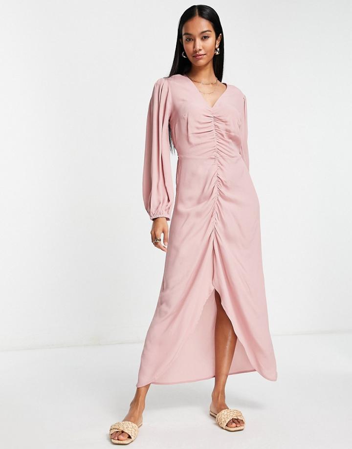 River Island Ruched Front Maxi Dress In Pink