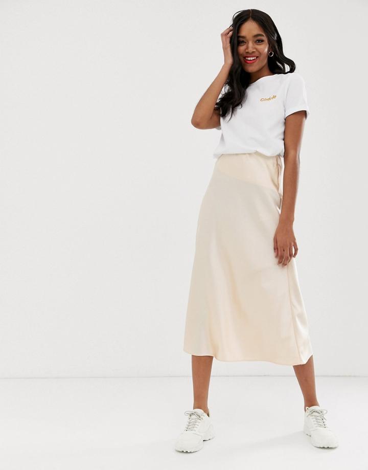 New Look Satin Midi Skirt In Gold - Beige