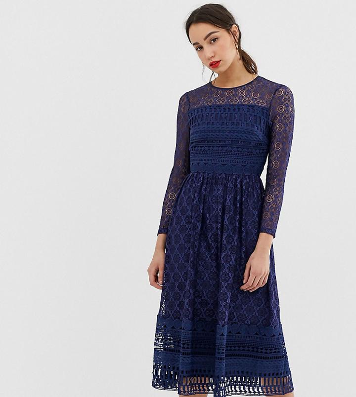 Asos Design Tall Premium Lace Midi Skater Dress - Navy