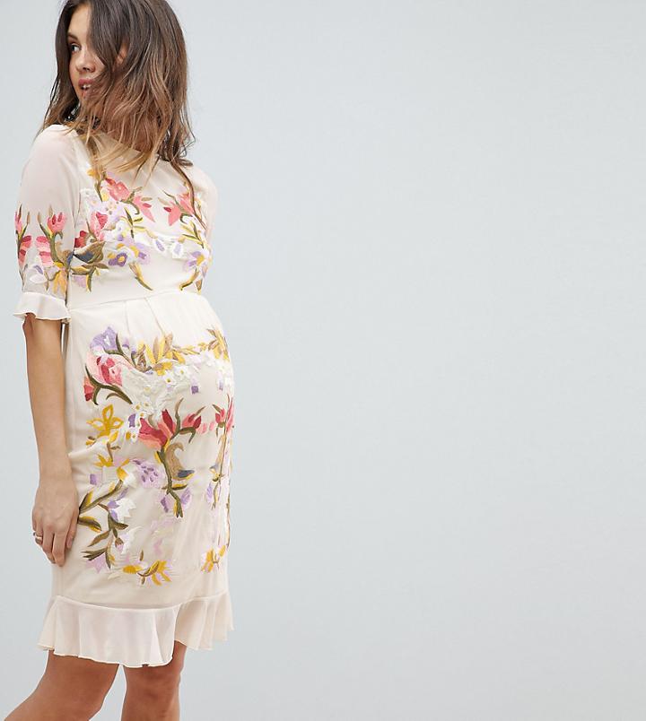 Hope & Ivy Maternity Premium All Over Floral Embroidered Mini Dress - Beige