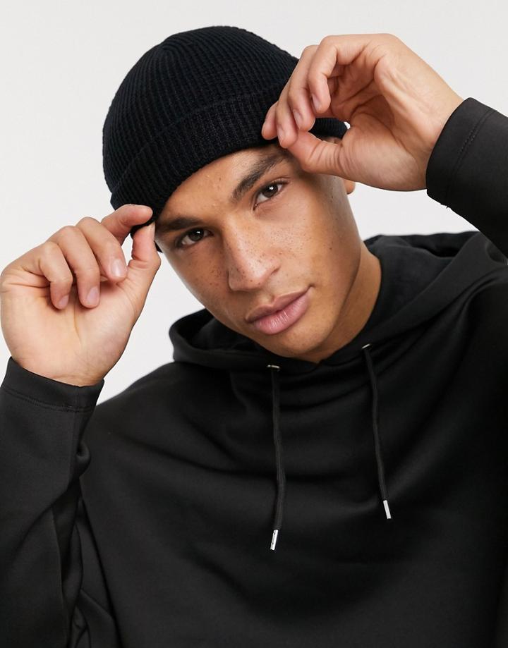 Asos Design Mini Fisherman Beanie In Black Waffle Knit