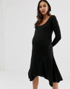Asos Design Maternity Scoop Neck Rib Midi Dress With Asymmetric Skirt