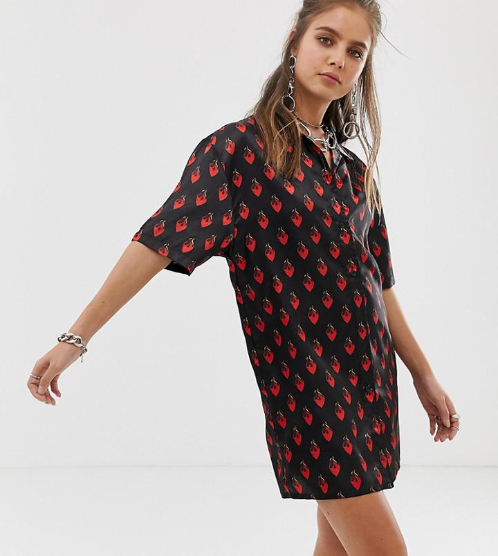 One Above Another Relaxed Shirt Dress In Flaming Hearts Print Satin - Black