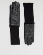 Asos Leather Gloves With Ribbed Cuff In Black - Black