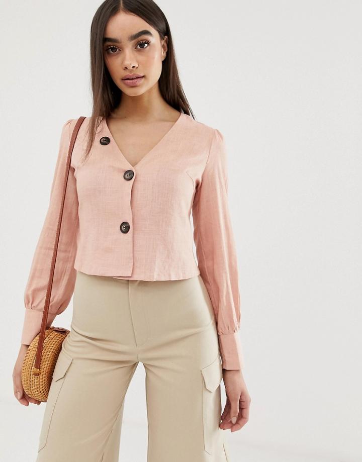 Boohoo Button V Neck Blouse In Brick - Multi