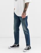 Asos Design 12.5oz Tapered Jeans In Smokey Dark Wash Blue