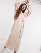 Asos Design Maxi Dress With Tie Waist Detail In Oatmeal-brown