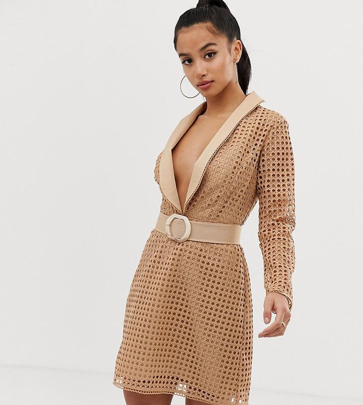 Asos Design Petite Tux Mini Dress In Broderie With Belt - Beige