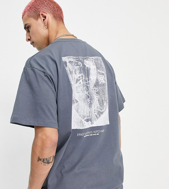 Reclaimed Vintage Inspired Organic Cotton T-shirt With Front And Back Sketchy Faces Print In Charcoal-grey