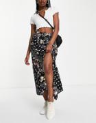 Asos Design Button Through Midi Skirt With Pocket Detail In Floral & Spot Print-multi