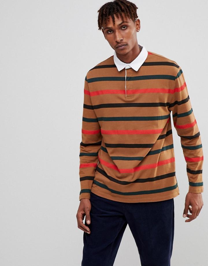 Asos Relaxed Long Sleeve Stripe Rugby Polo - Brown