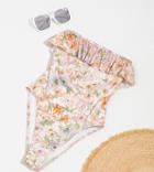 Asos Petite Frill Bandeau Swimsuit In Watercolor Floral-multi