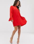 Asos Design Pleated Trapeze Mini Dress With Long Sleeves - Red