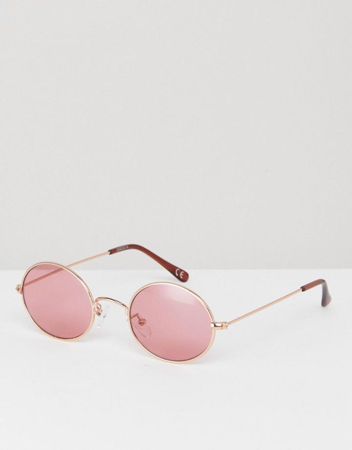 Asos Oval Sunglasses In Gold With Red Lens - Red