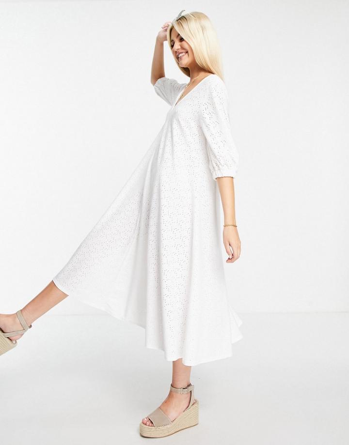 Asos Design Eyelet V Front Midi Smock Dress In White