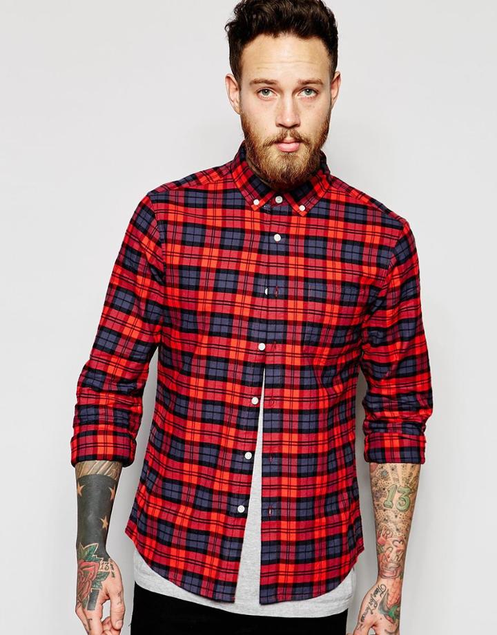 Asos Blackwatch Check Shirt With Long Sleeves - Red
