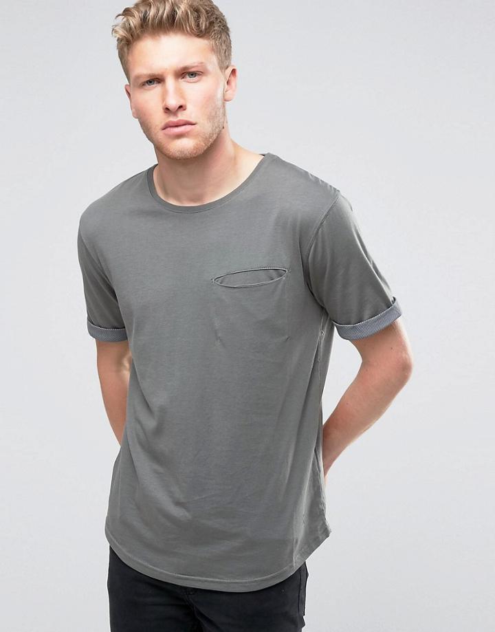 Ringspun Pocket T-shirt With Rolled Up Cuffs And Curved Hem - Gray