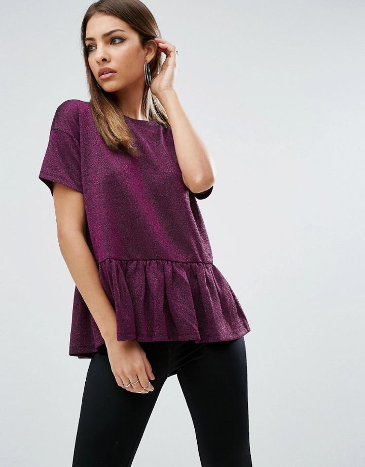 Asos T-shirt In Sparkle Fabric With Ruffle Hem - Pink
