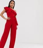 Boohoo Petite Ruffle One Shoulder Jumpsuit With Tie Waist In Red - Red