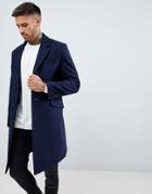 Asos Design Wool Mix Overcoat In Navy - Navy