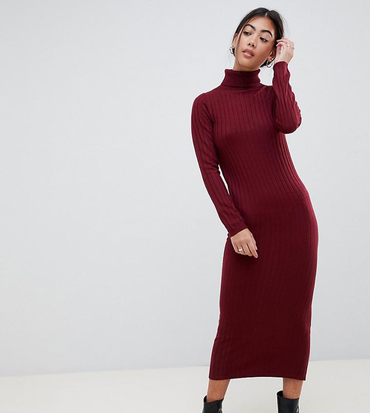 Asos Design Petite Midi Dress With High Neck In Rib - Red