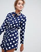 Parisian Polka Dot Shirt Dress With Tie Waist And Pussy Bow-navy