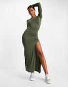 I Saw It First Jersey Maxi Dress With Side Split In Khaki-green