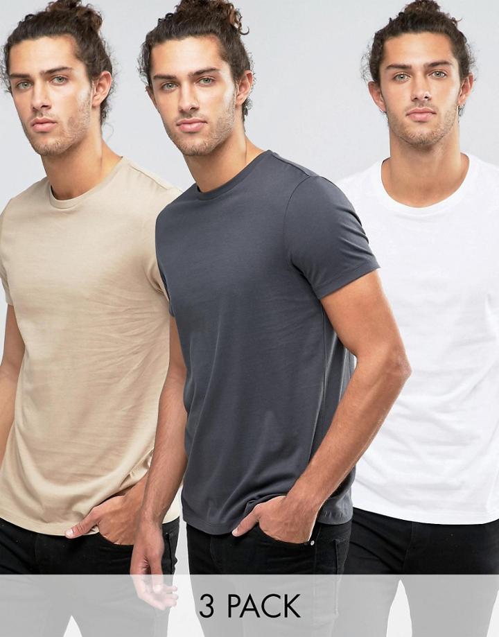 Asos 3 Pack T-shirt In White/washed Black/beige - Multi
