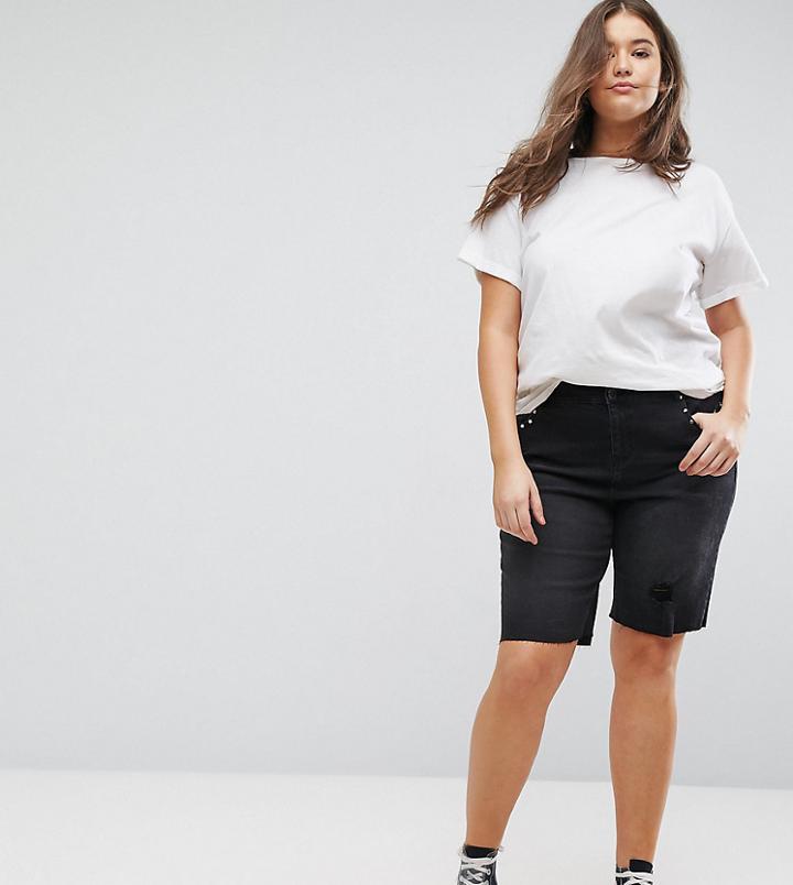 New Look Curve Studded Washed Black Knee Short - Black
