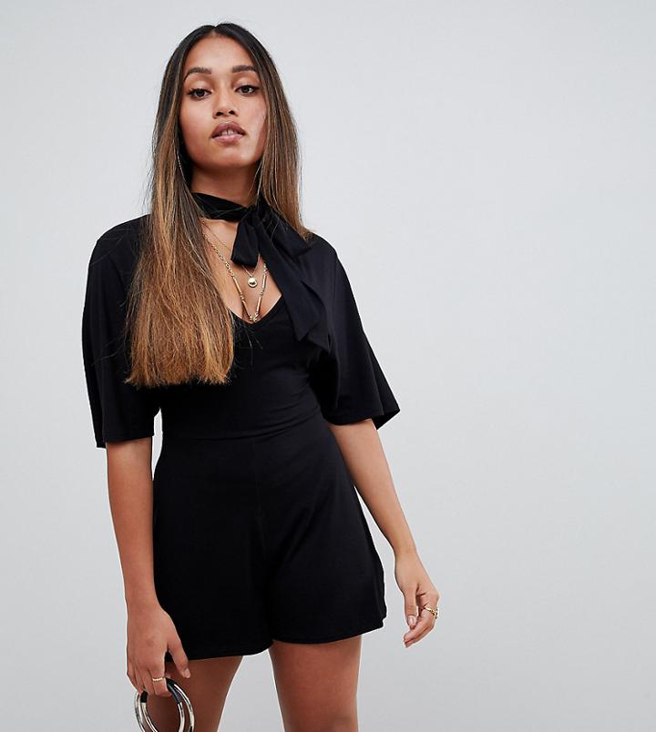 Asos Design Petite Romper With Tie Neck And Kimono Sleeve - Black