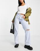 River Island Straight Cut Dad Jeans With Knee Rip In Light Blue