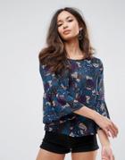 Qed London Floral Print Wide Sleeve Chiffon Top - Navy