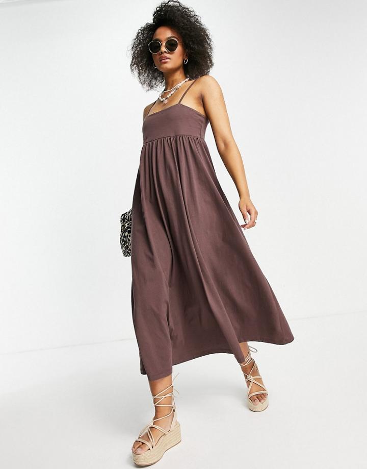 Asos Design Cami Midi Dress With Square Neck In Chocolate-brown