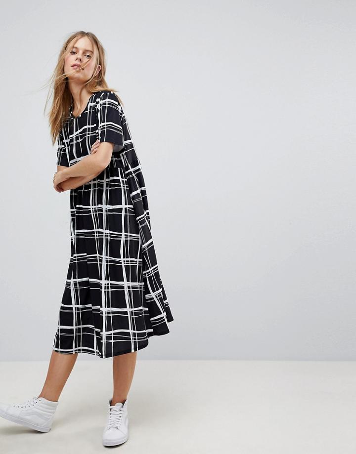 Asos Ultimate Midi Smock Dress In Mono Check Print - Multi