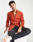 Asos Design Skinny Shirt With Grandad Collar In Rust-orange