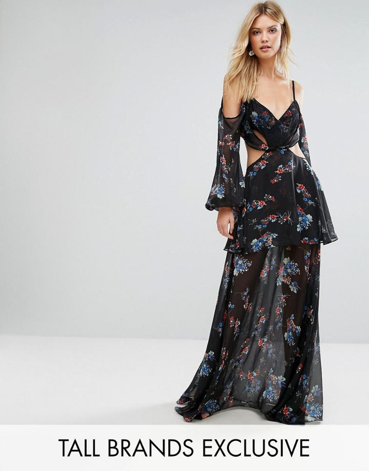 White Cove Tall Premium Cold Shoulder Maxi Dress In All Over Dark Floral Print - Multi