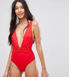 Asos Tall Plunge Ruched Front Swimsuit - Red