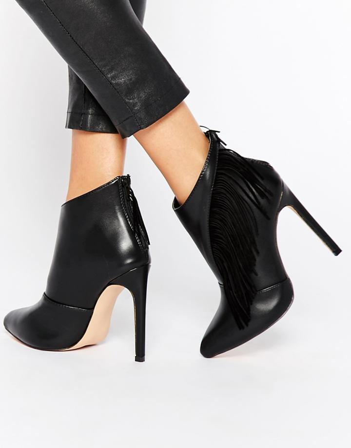 Lost Ink Black Fringed Heeled Shoe Boots - Black